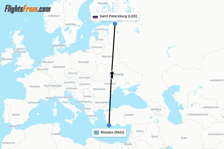Flights from Rhodes to Saint Petersburg route map