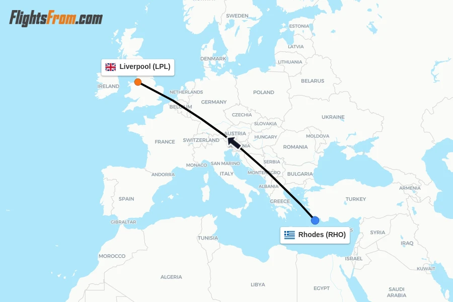 Flights from Rhodes to Liverpool route map