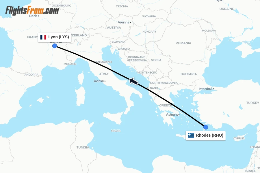 Flights from Rhodes to Lyon route map