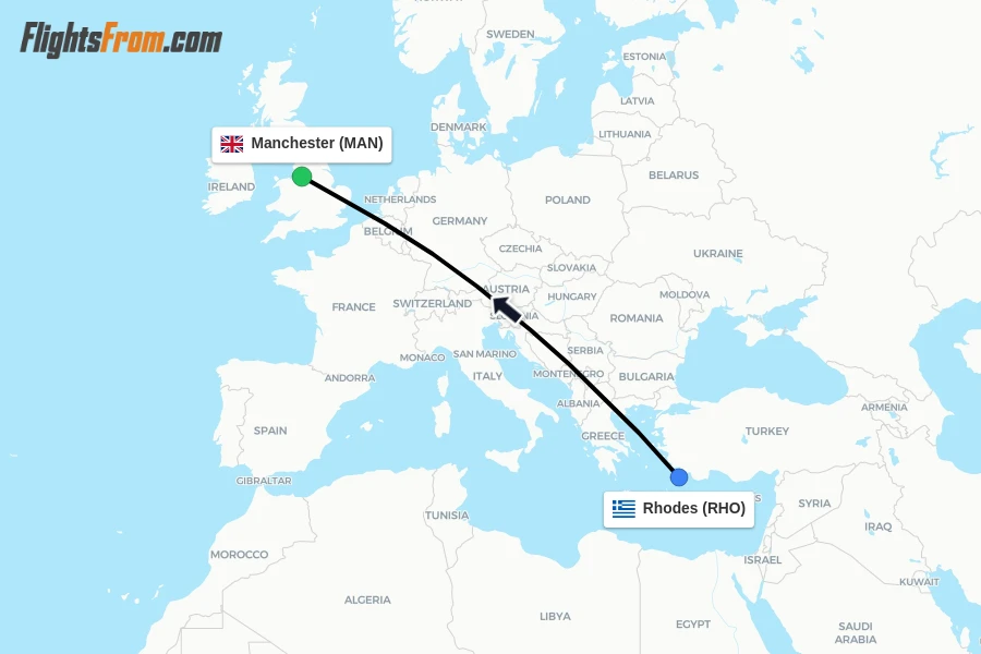 Flights from Rhodes to Manchester route map