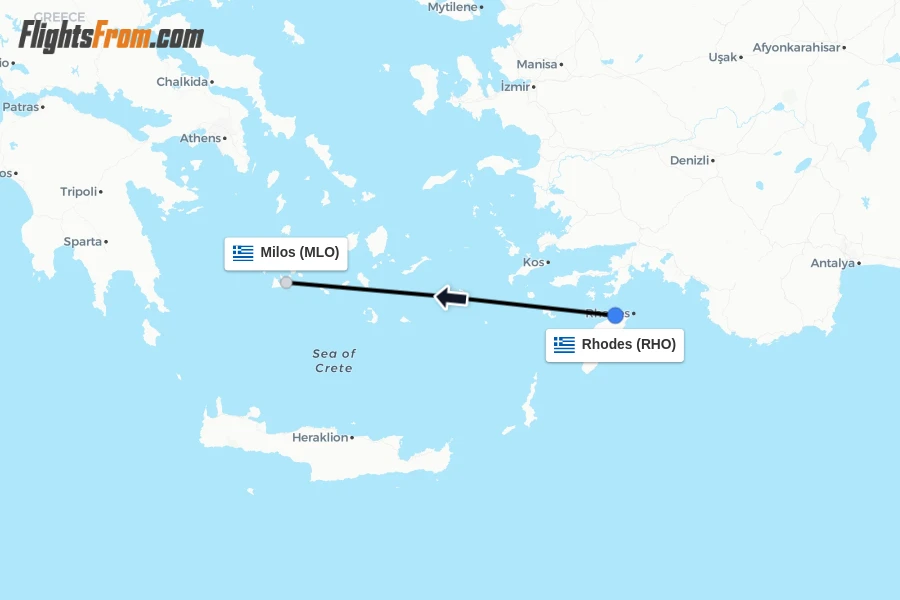 Flights from Rhodes to Milos route map