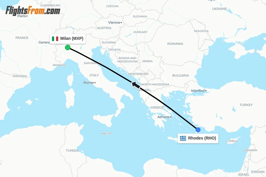 Flights from Rhodes to Milan route map