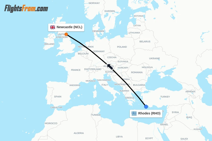 Flights from Rhodes to Newcastle route map