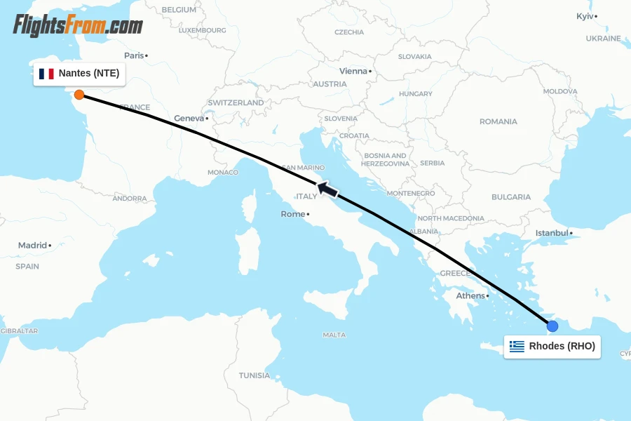 Flights from Rhodes to Nantes route map