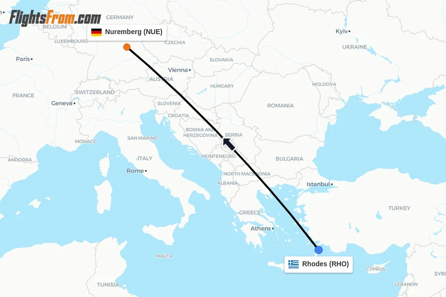 Flights from Rhodes to Nuremberg route map