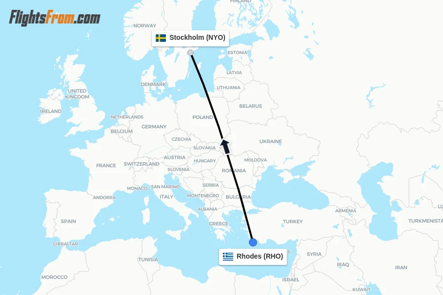 Flights from Rhodes to Stockholm route map