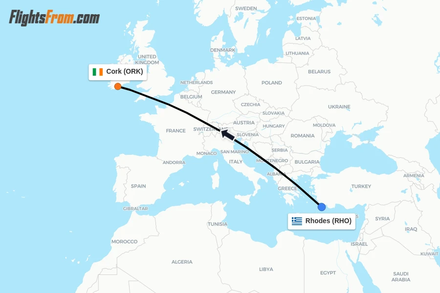 Flights from Rhodes to Cork route map