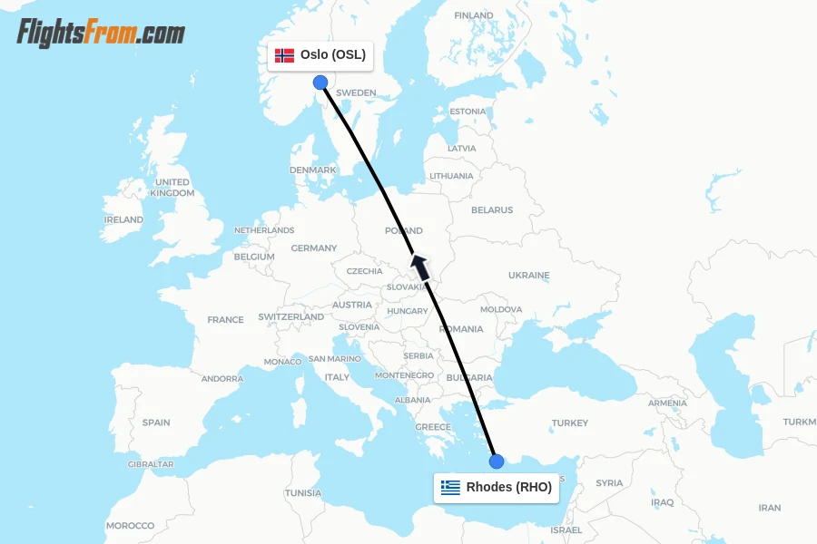 Flights from Rhodes to Oslo route map