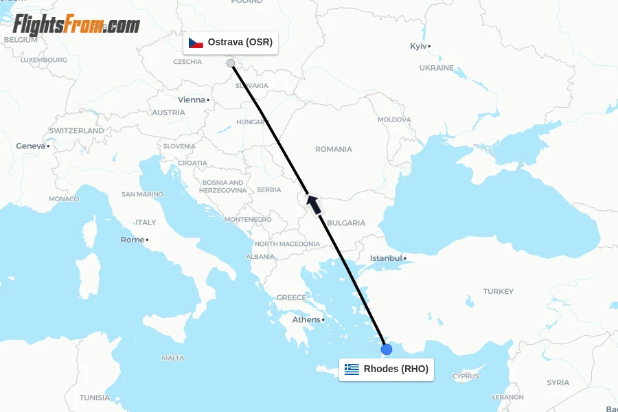 Flights from Rhodes to Ostrava route map
