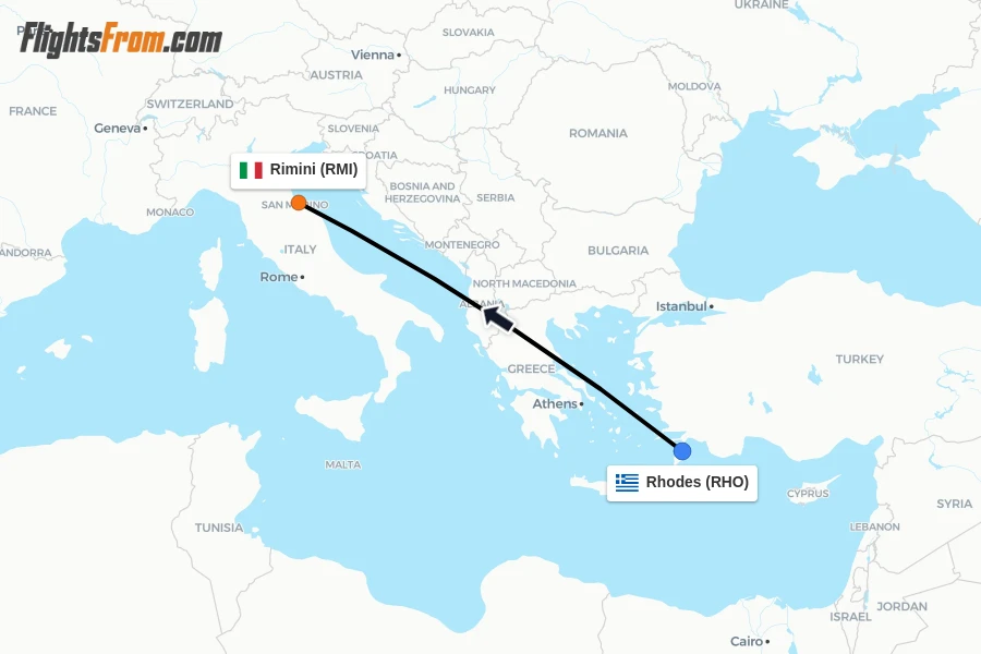 Flights from Rhodes to Rimini route map