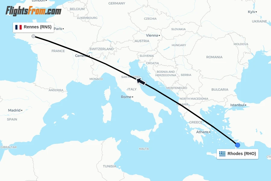 Flights from Rhodes to Rennes route map