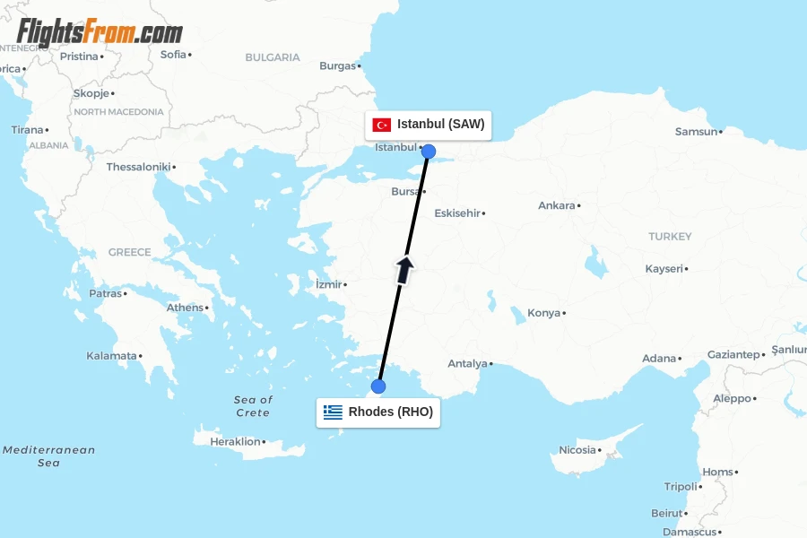 Flights from Rhodes to Istanbul route map