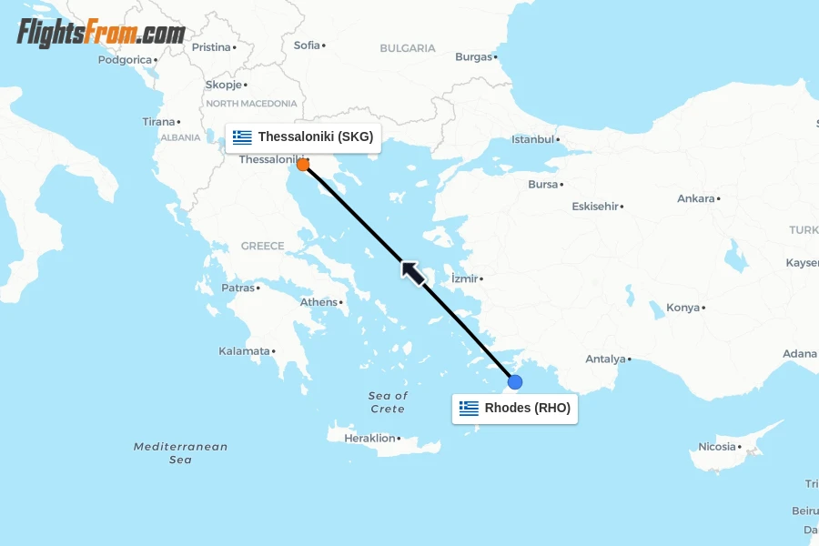 Flights from Rhodes to Thessaloniki route map