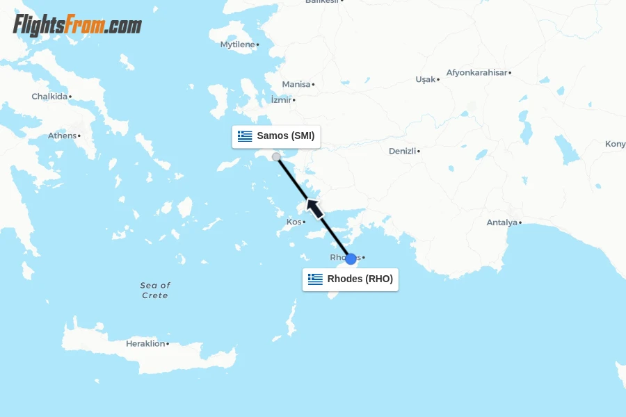 Flights from Rhodes to Samos route map