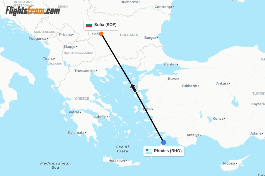 Flights from Rhodes to Sofia route map