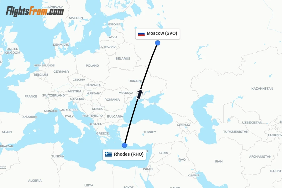 Flights from Rhodes to Moscow route map