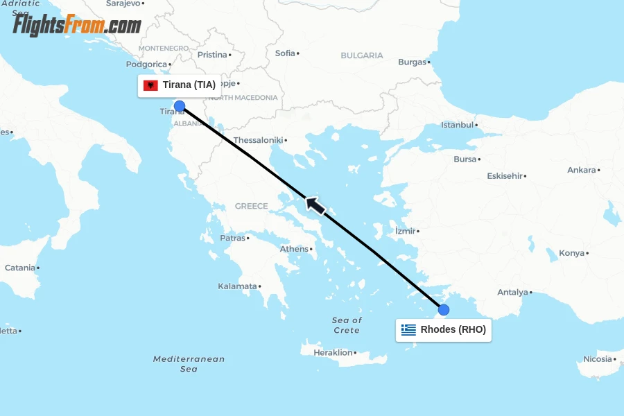 Flights from Rhodes to Tirana route map
