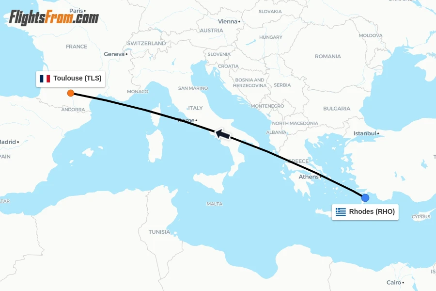 Flights from Rhodes to Toulouse route map