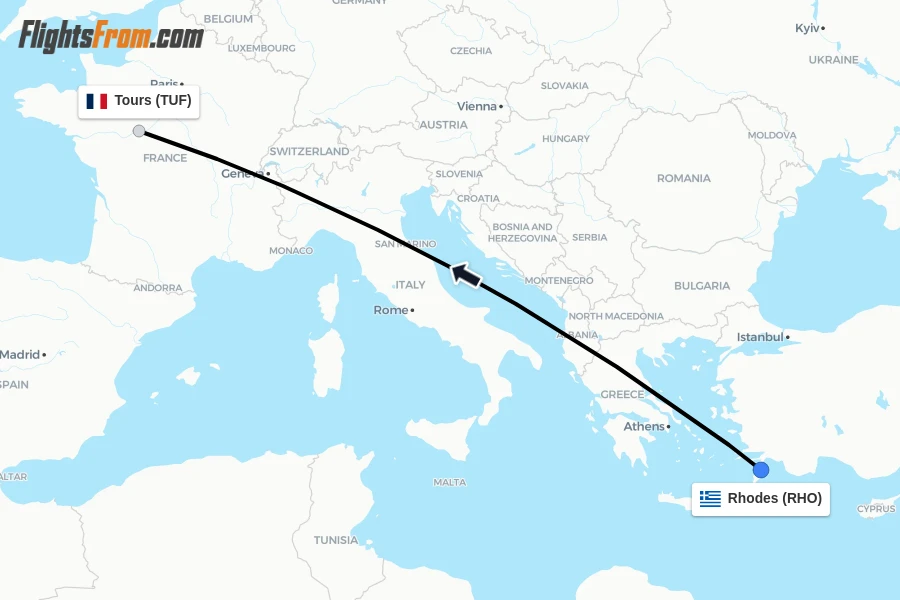 Flights from Rhodes to Tours route map