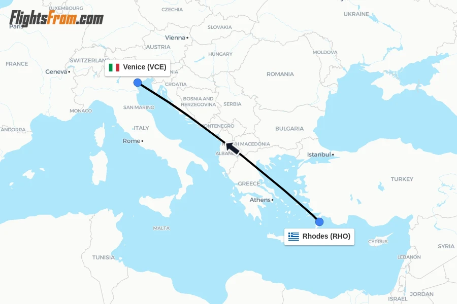 Flights from Rhodes to Venice route map
