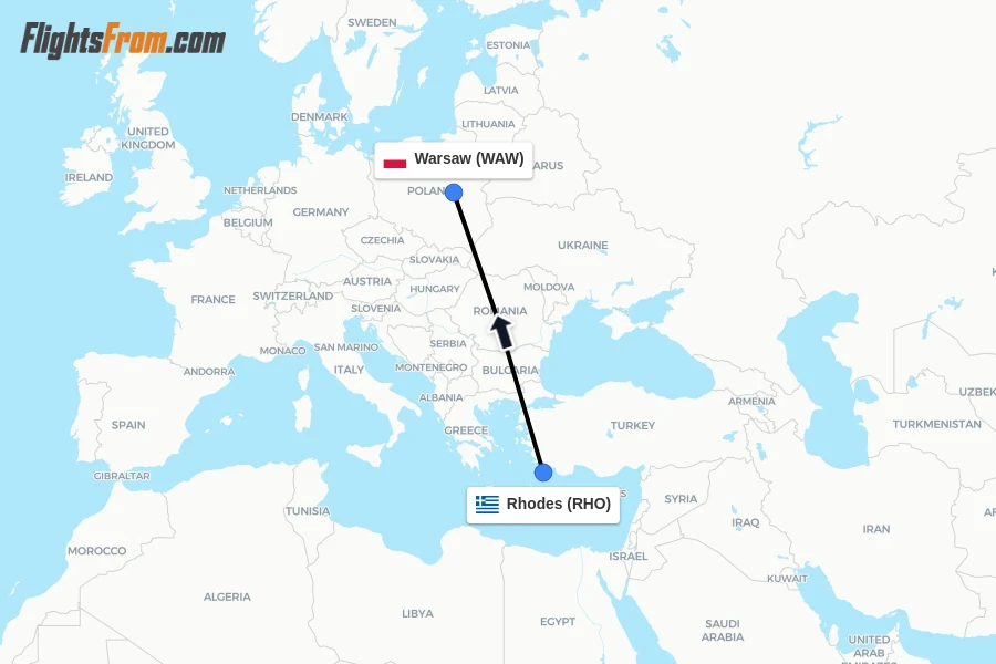 Flights from Rhodes to Warsaw route map