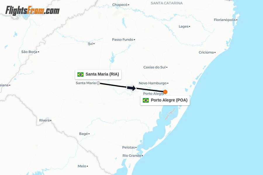 Flights from Santa Maria to Porto Alegre route map
