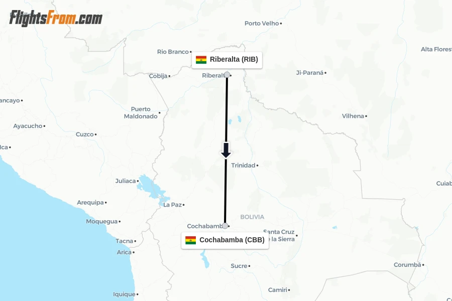 Flights from Riberalta to Cochabamba route map