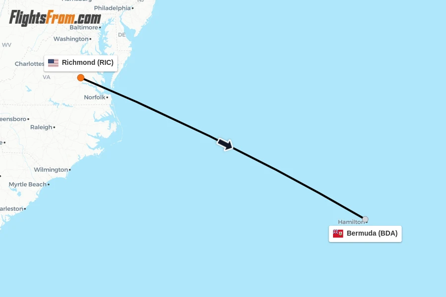 Flights from Richmond to Bermuda route map