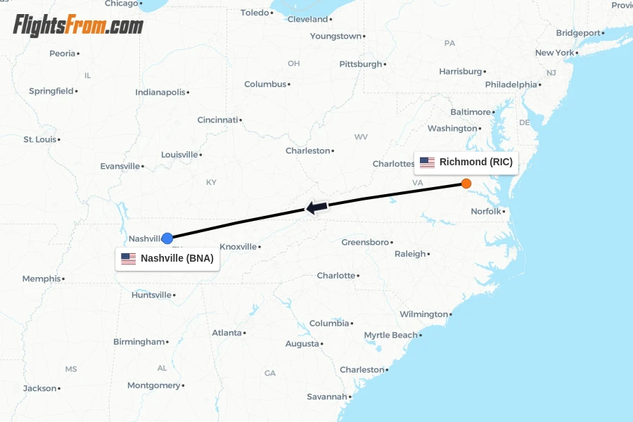 Flights from Richmond to Nashville route map