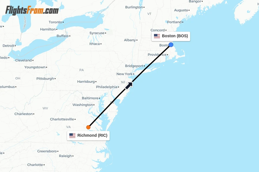 Flights from Richmond to Boston route map