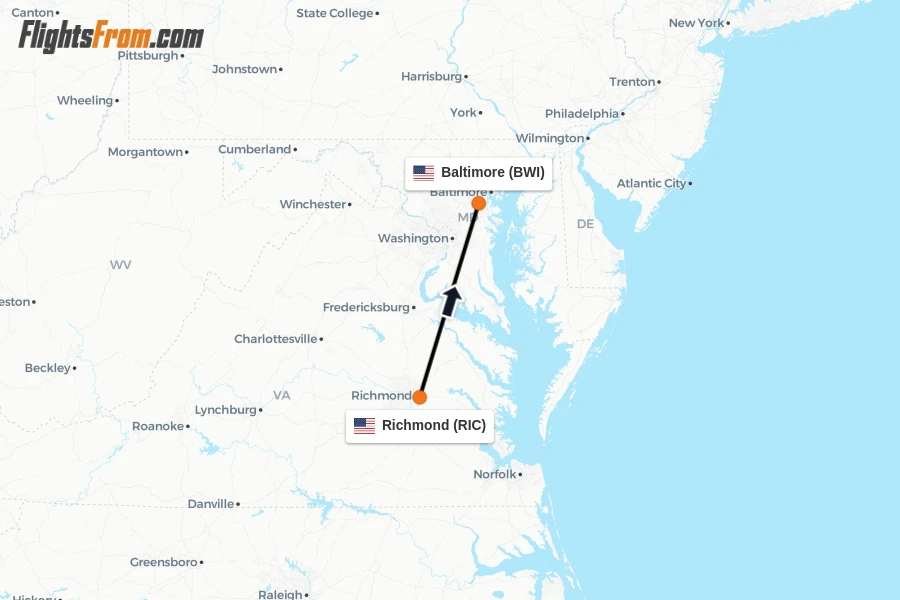 Flights from Richmond to Baltimore route map