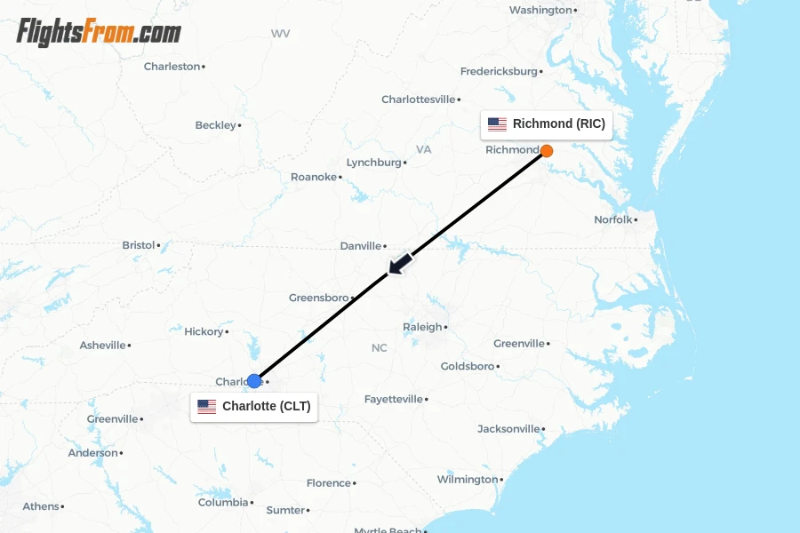 Flights from Richmond to Charlotte route map