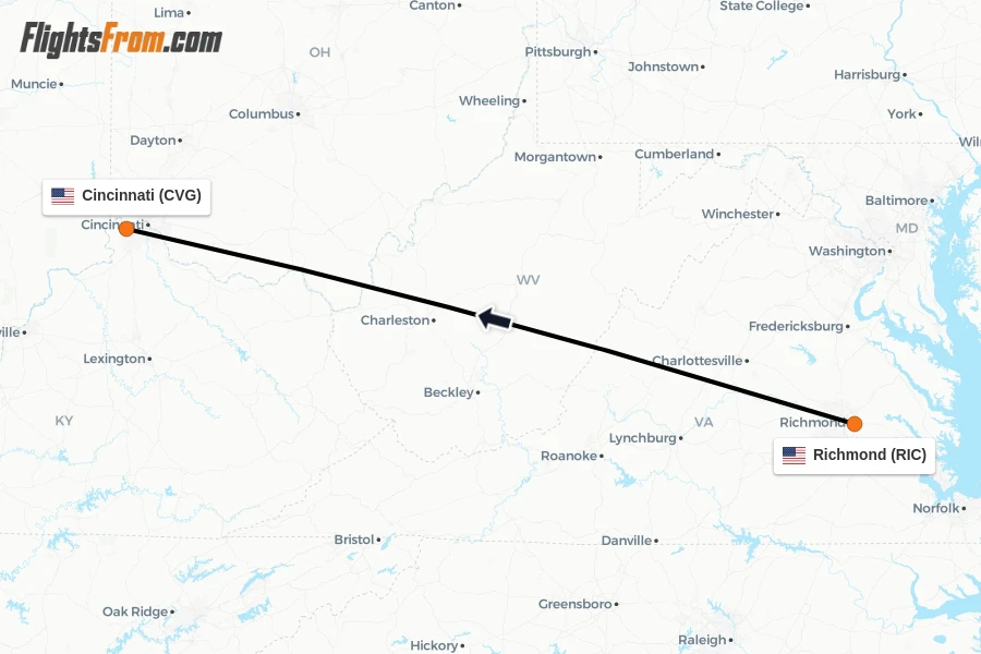 Flights from Richmond to Cincinnati route map