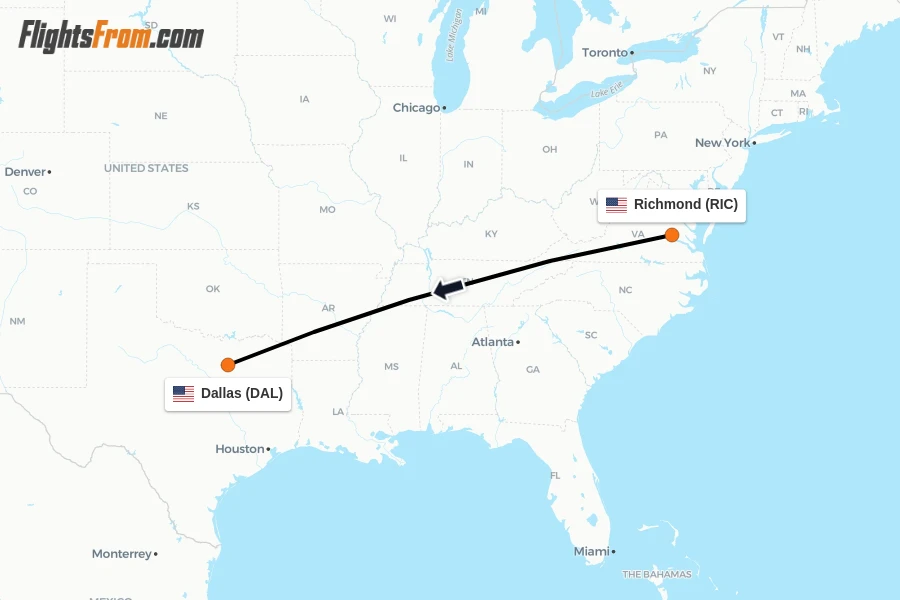 Flights from Richmond to Dallas route map