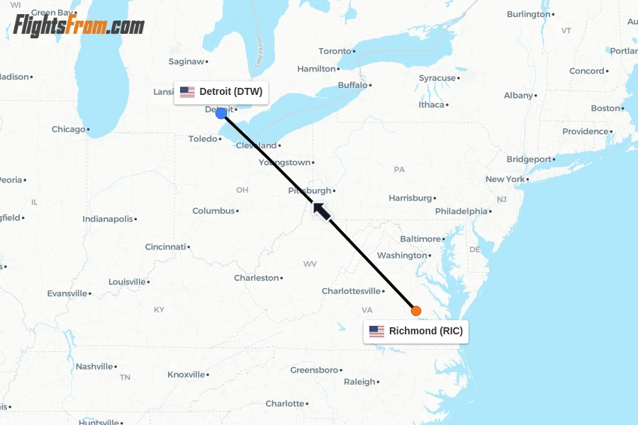 Flights from Richmond to Detroit route map