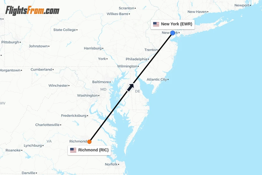Flights from Richmond to New York route map
