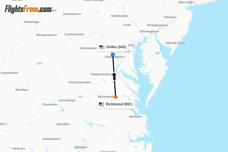 Flights from Richmond to Dulles route map