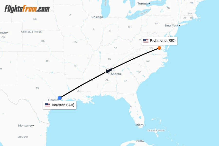 Flights from Richmond to Houston route map