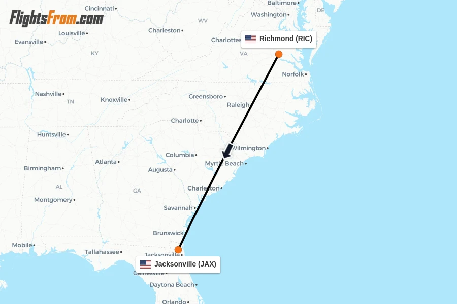 Flights from Richmond to Jacksonville route map