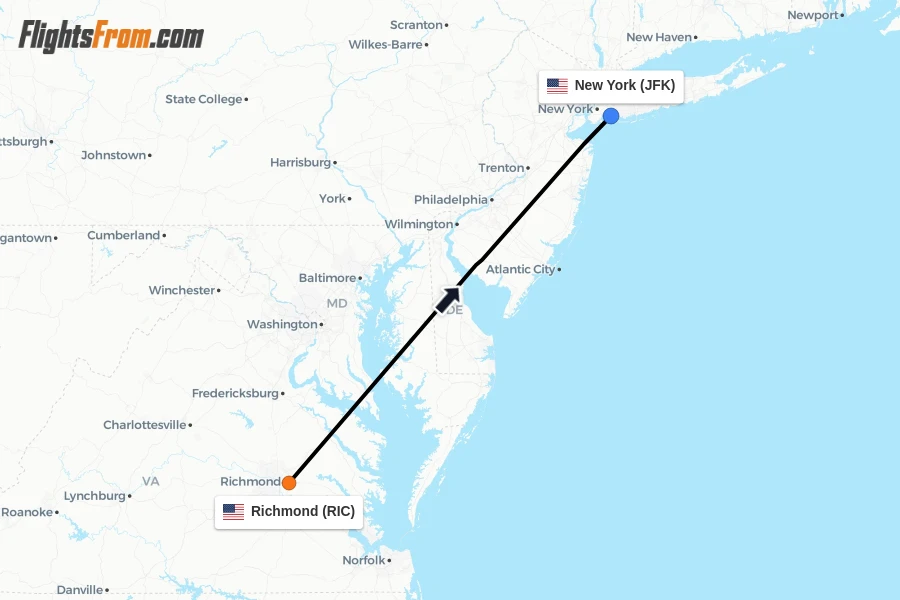 Flights from Richmond to New York route map