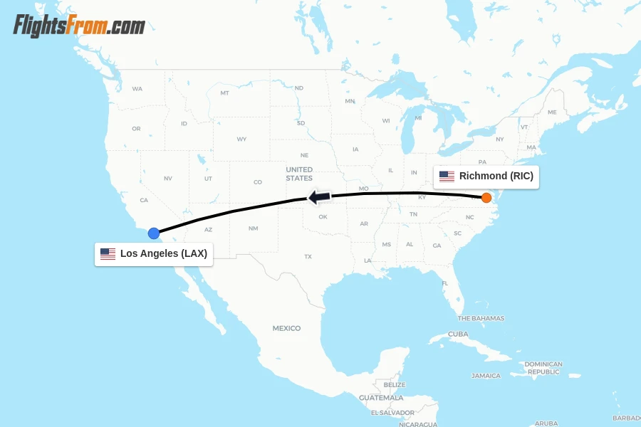 Flights from Richmond to Los Angeles route map