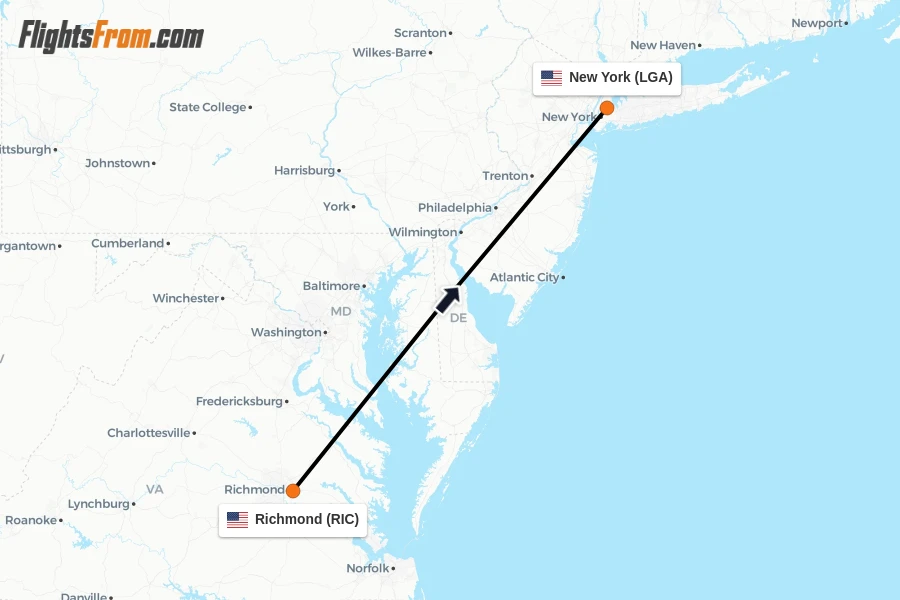 Flights from Richmond to New York route map