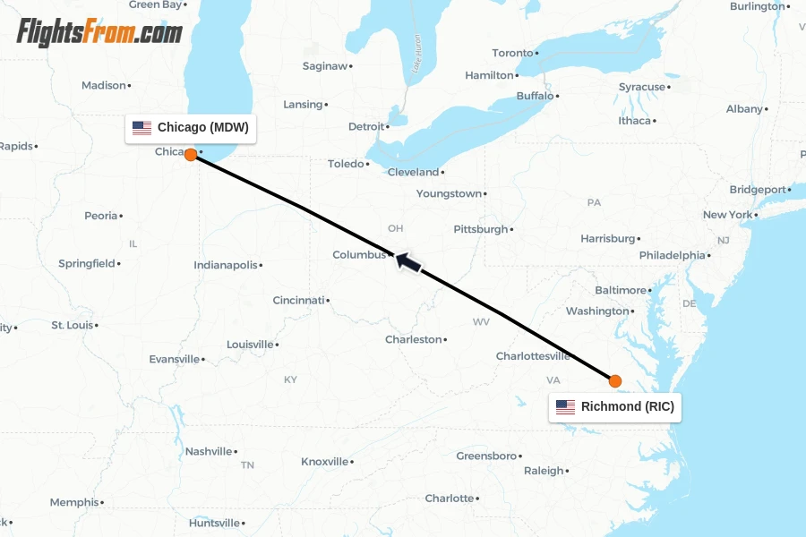 Flights from Richmond to Chicago route map