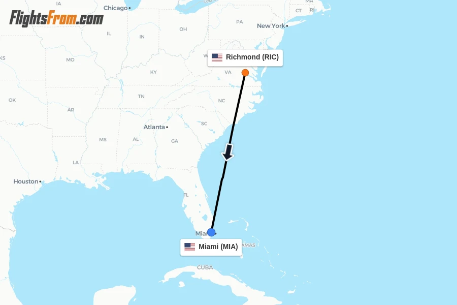 Flights from Richmond to Miami route map