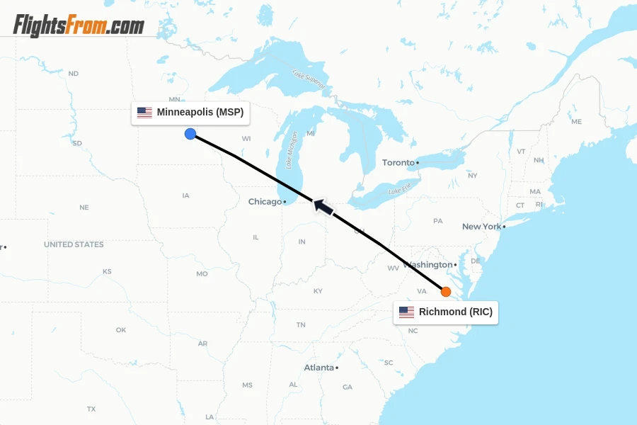 Flights from Richmond to Minneapolis route map