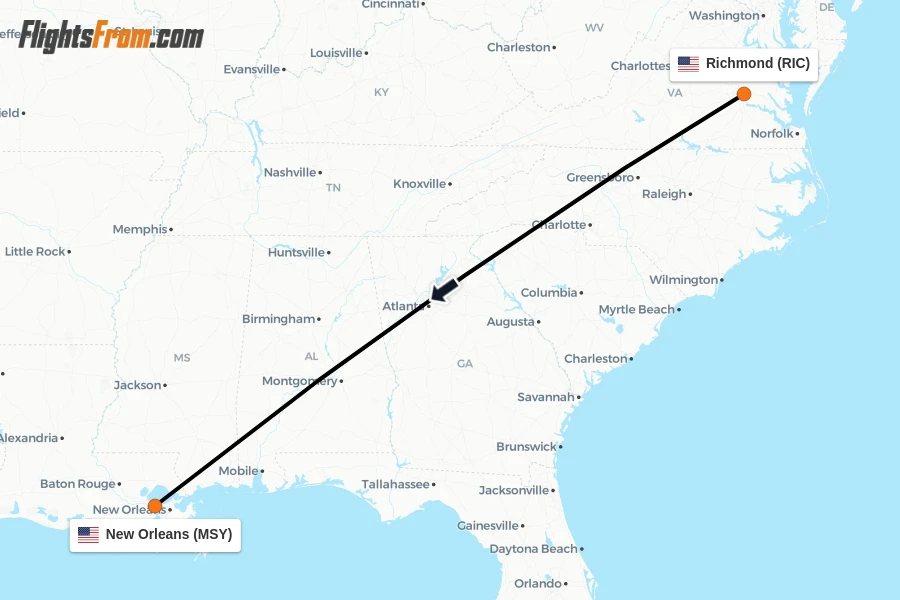 Flights from Richmond to New Orleans route map