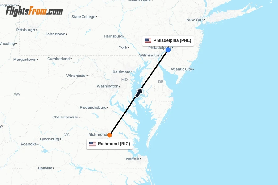 Flights from Richmond to Philadelphia route map