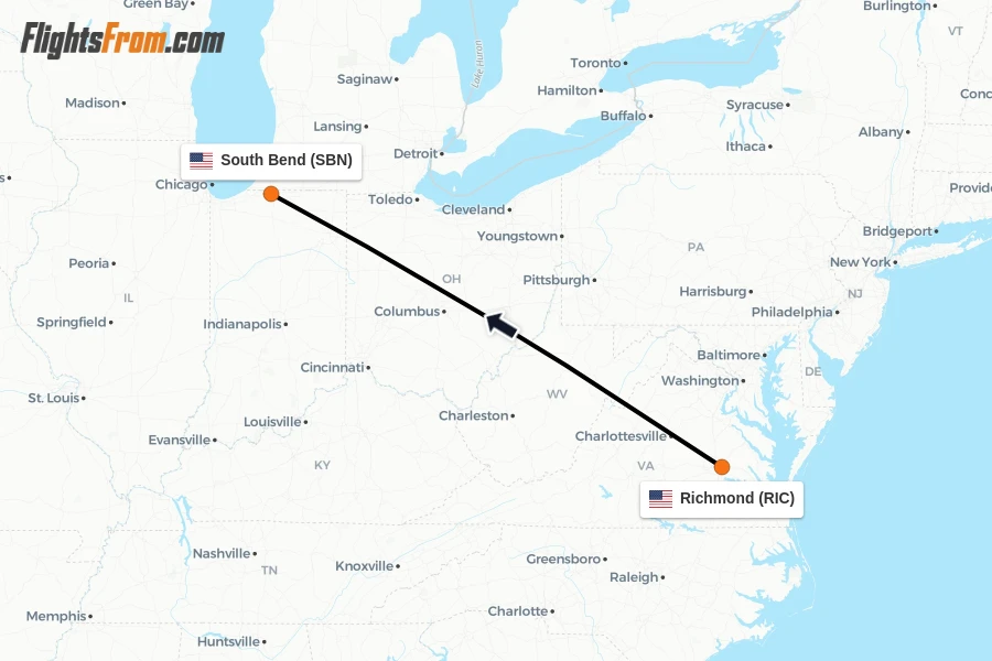 Flights from Richmond to South Bend route map
