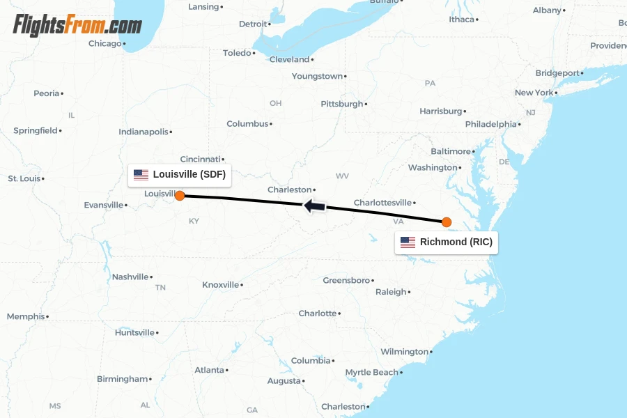 Flights from Richmond to Louisville route map