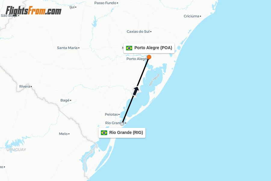 Flights from Rio Grande to Porto Alegre route map